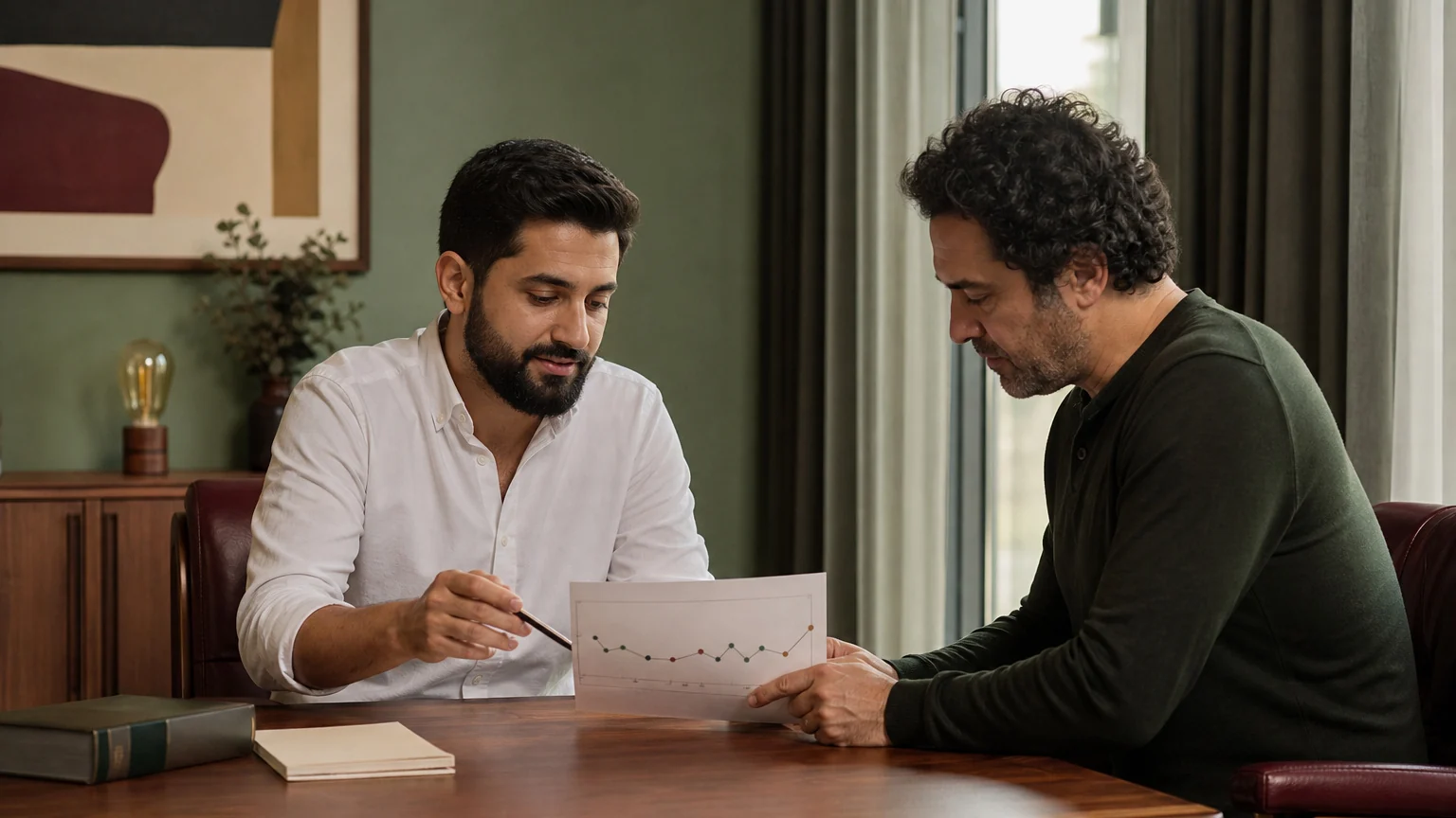 Bipolar Bozukluk ve Tedavisi Bir psikiyatrist ve yetişkin bir erkek sakin bir ofiste duygu grafiğini birlikte inceliyor.