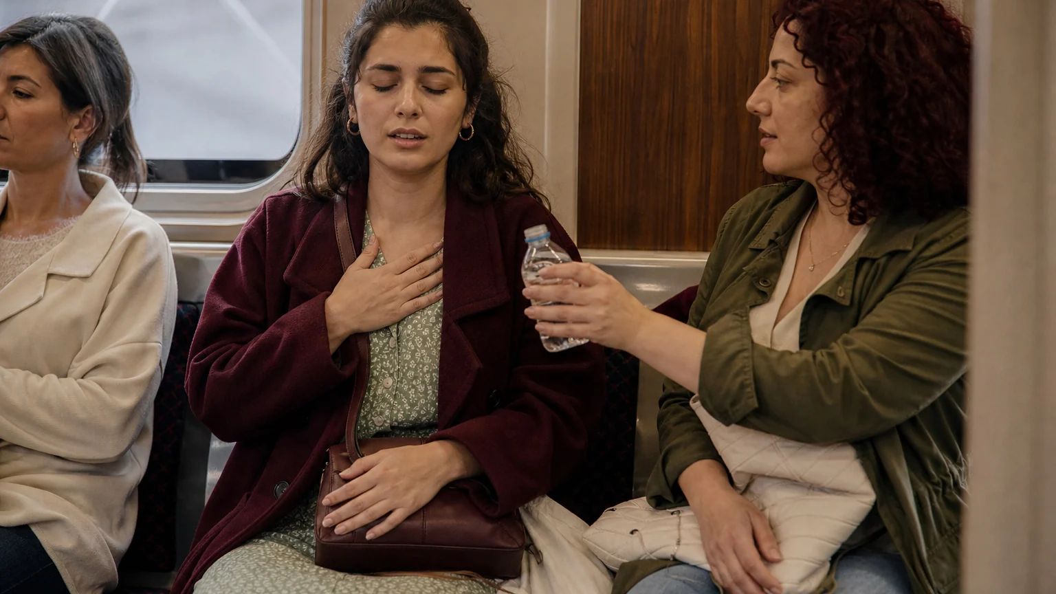 Panik Bozuklukla Başa Çıkma Metroda göğsünü tutarak yavaş nefesler alan kadın, panik bozukluk atağı sırasında sakinleşmeye çalışıyor.