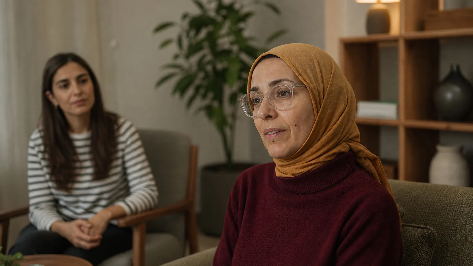 Travma Sonrası Stres Bozukluğu Otuzlu yaşlardaki bir kadın travma terapisi seansında, terapisti ise sakince karşısında oturuyor.