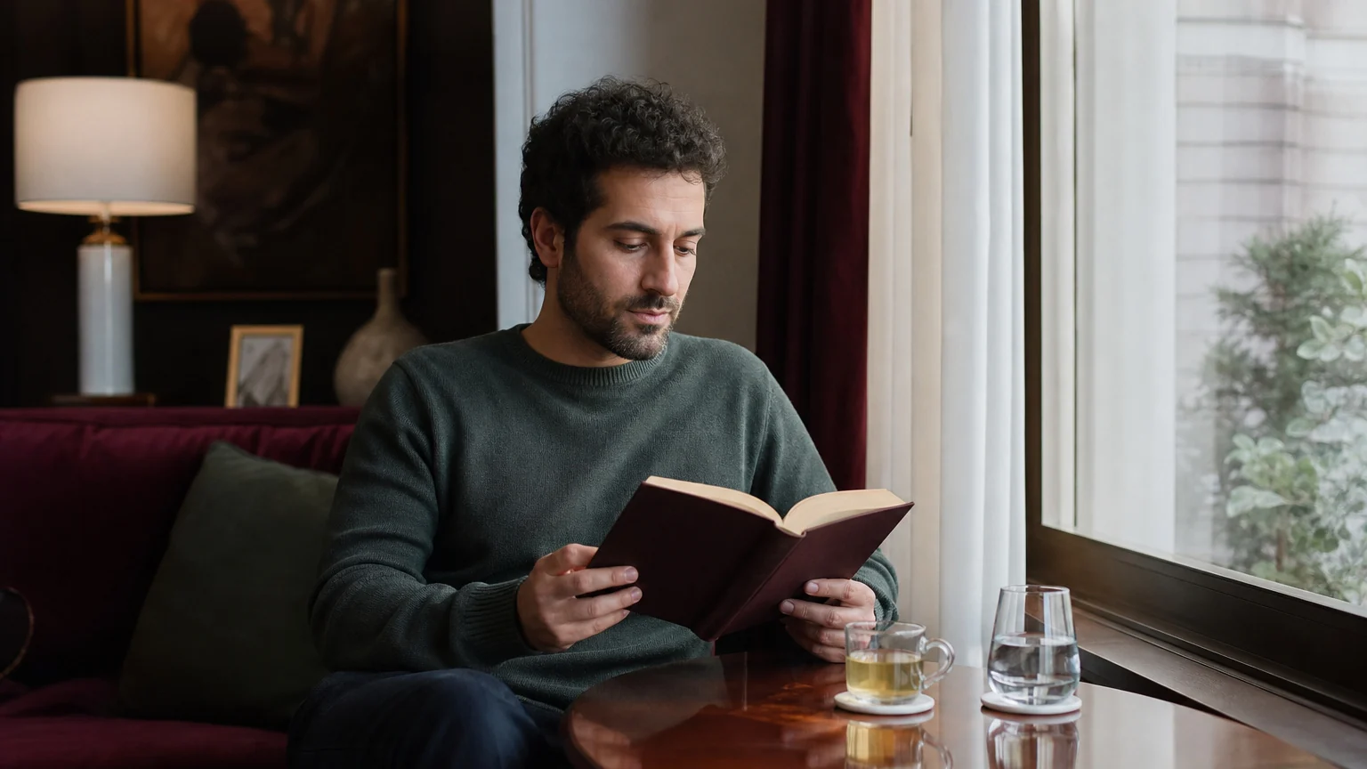 Evde sakin bir akşamda pencere kenarında kitap okuyan erkek, alkol ve ruh sağlığı dengesini gözetiyor.