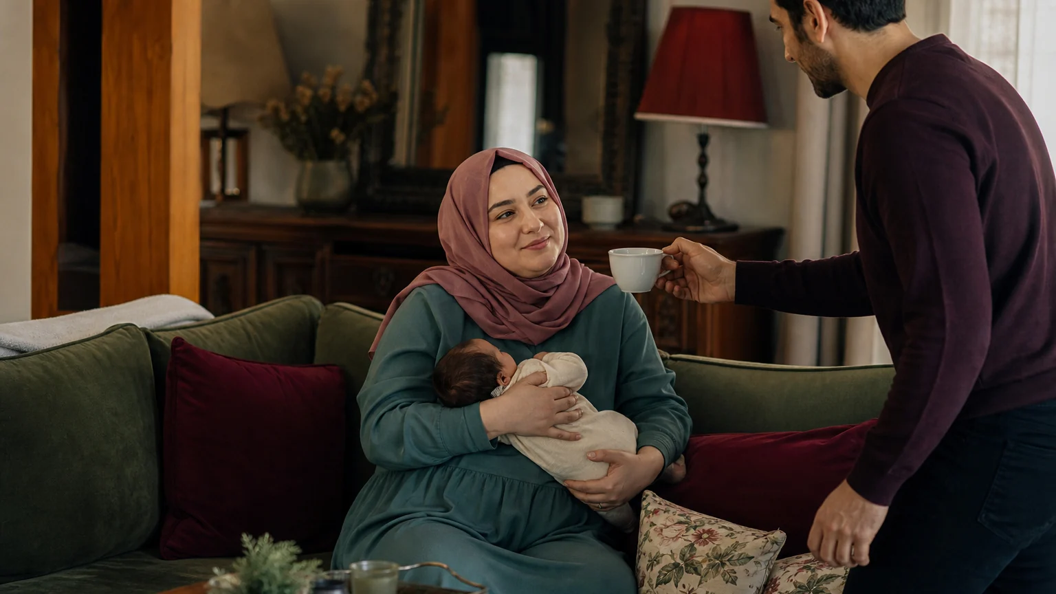 Yeni anne, kucağında bebeğiyle koltukta otururken eşi ona destek olmak için çay ikram ediyor.