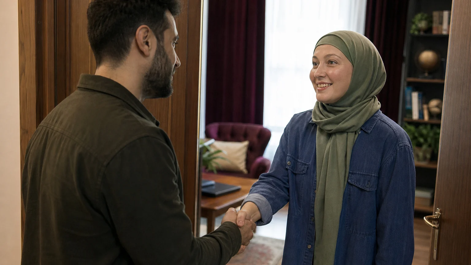 İlk Psikiyatri Randevusu Rehberi Aydınlık bir odada psikiyatristle tokalaşan yetişkin erkek, ilk psikiyatri randevusu heyecanını yaşıyor.