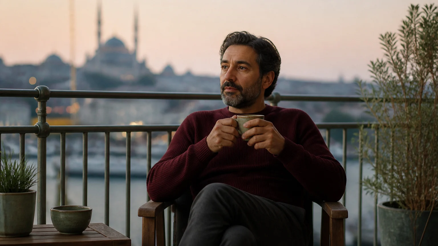 Orta yaşın sessiz yüklerini omuzlayan bir erkek, akşamüstü balkonda elinde çay bardağıyla düşünceli biçimde oturuyor.