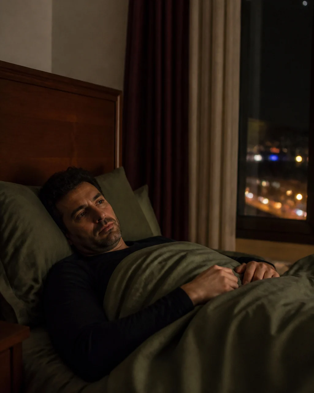 Bir adam gece yatakta gözleri açık uyanık yatarken pencereden şehir ışıkları görünüyor ve kaygı ve endişe Hali yaşanıyor.